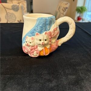 Vintage PMC 3D Sculptured White Kittens Mug Playing With Yarn